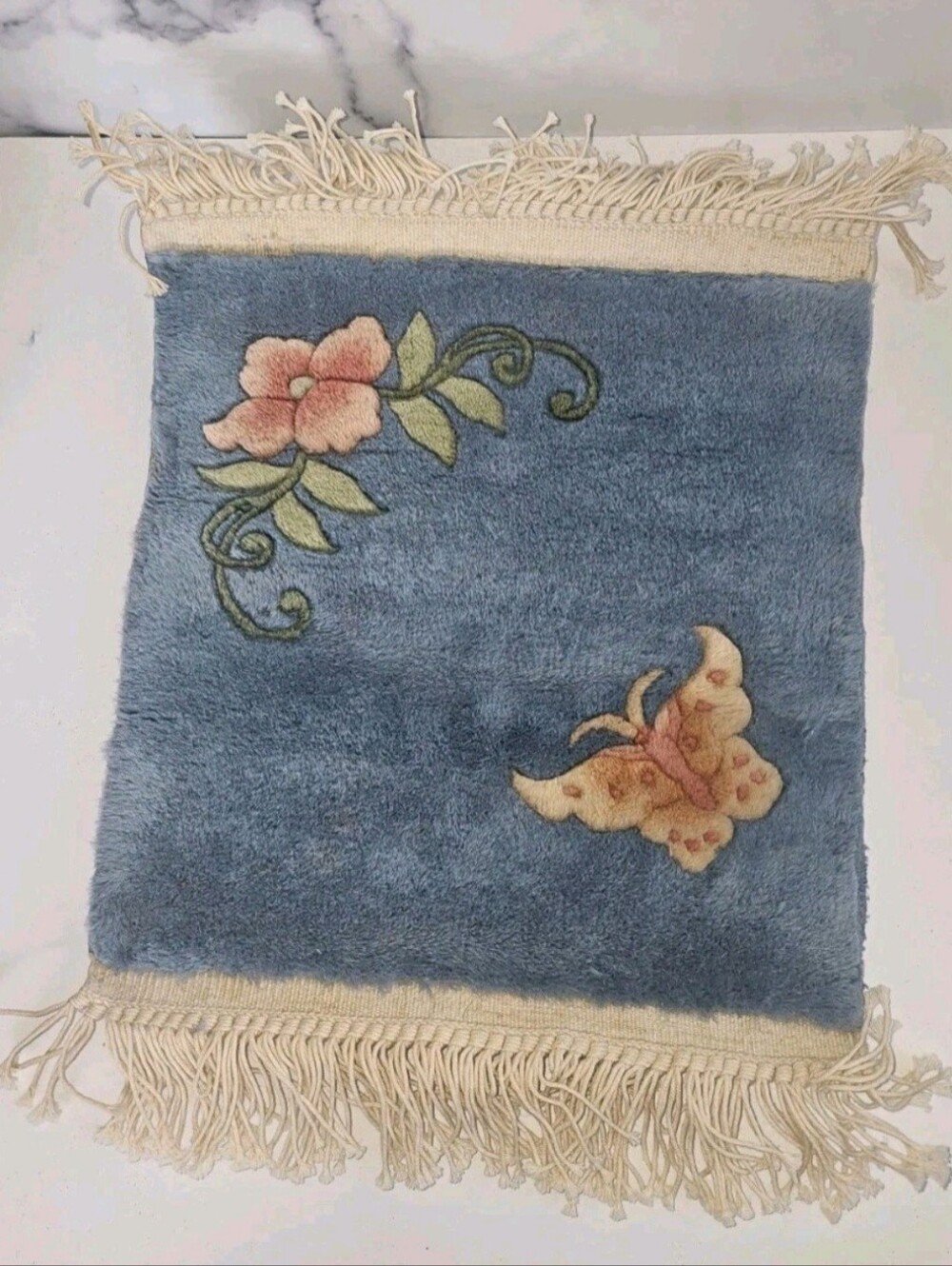 Vintage Chinese Art Deco Floral Rug Small Blue Hand-Knotted Accent Rug 13" X 20"